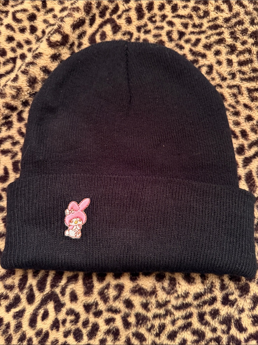 Black Kids Beanie Hat with Pink Bunny Patch